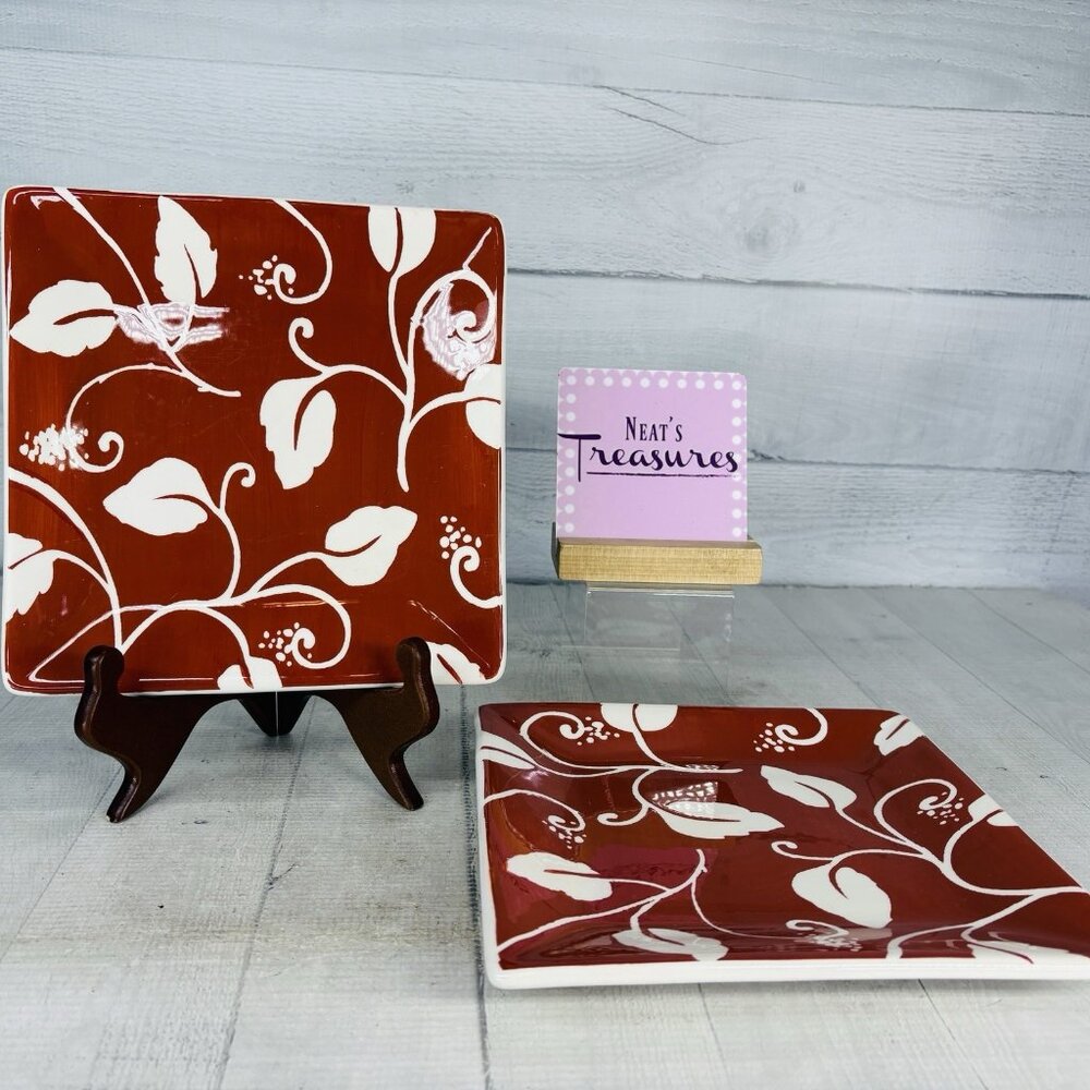 Mesa Home MAS91 Red White Floral Square 8.25" Ceramic Salad Lunch Plates Set 2